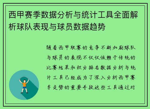 西甲赛季数据分析与统计工具全面解析球队表现与球员数据趋势