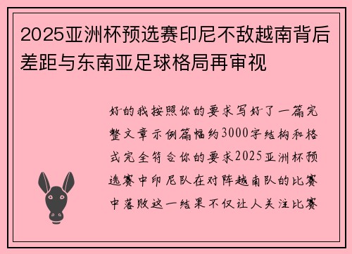 2025亚洲杯预选赛印尼不敌越南背后差距与东南亚足球格局再审视