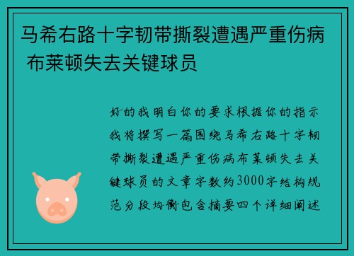 马希右路十字韧带撕裂遭遇严重伤病 布莱顿失去关键球员